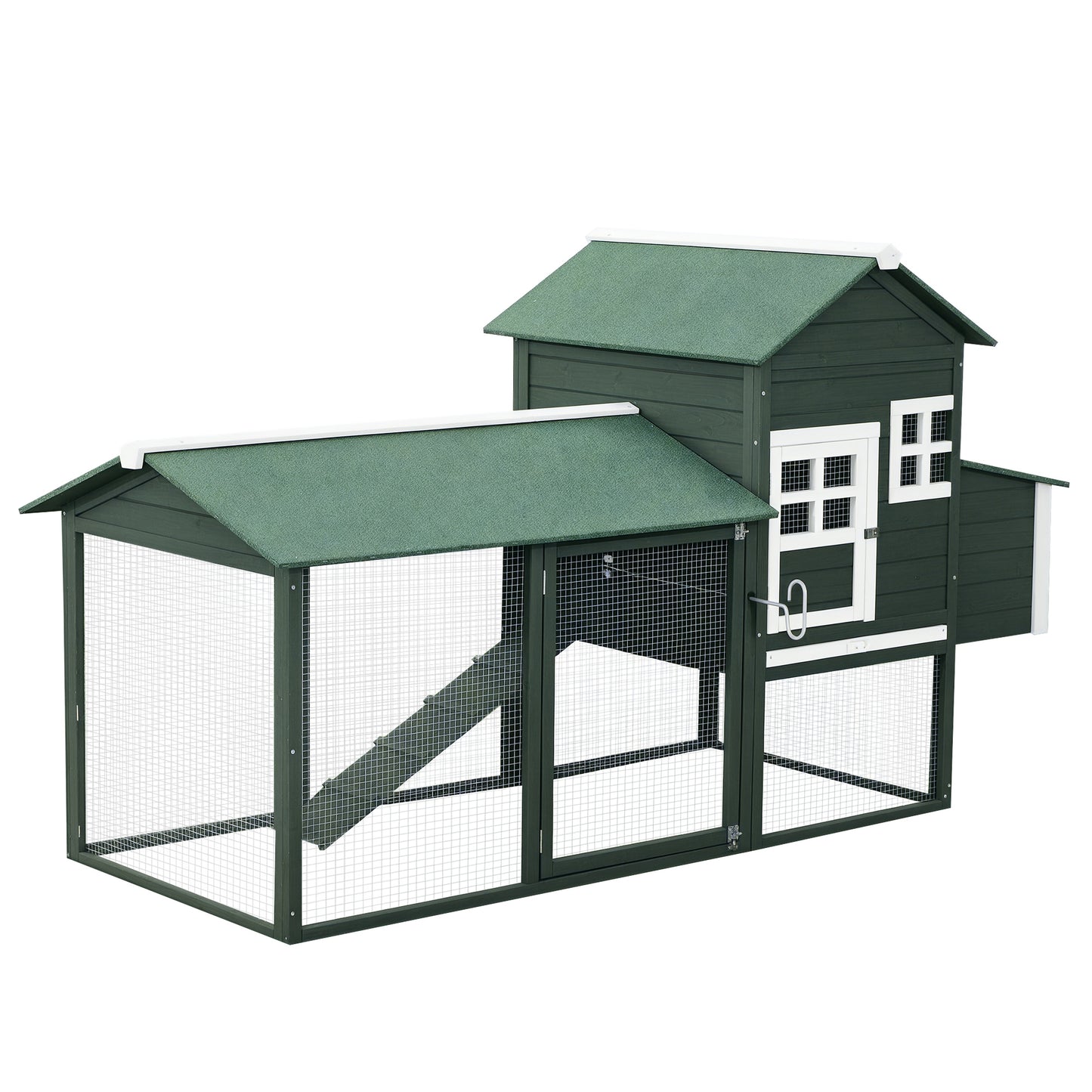 84-Inch Wooden Chicken Coop with Run and Nesting Box - Green Outdoor Poultry Cage