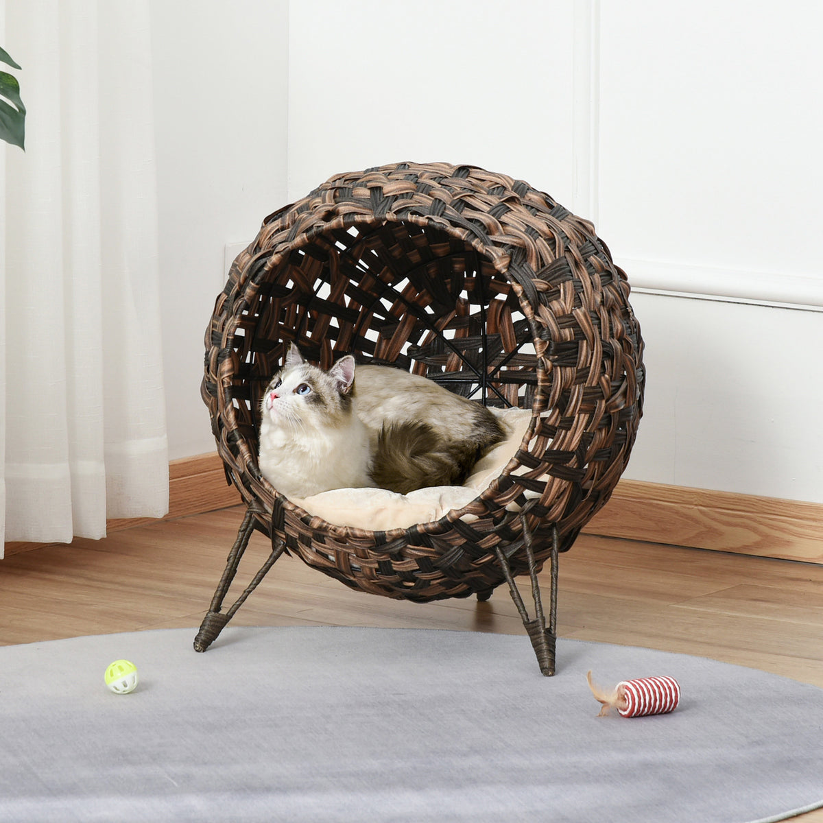 20.5-Inch Weaved Cat Bed with Cushion - Elevated Handwoven Banana Leaf Condo in Brown