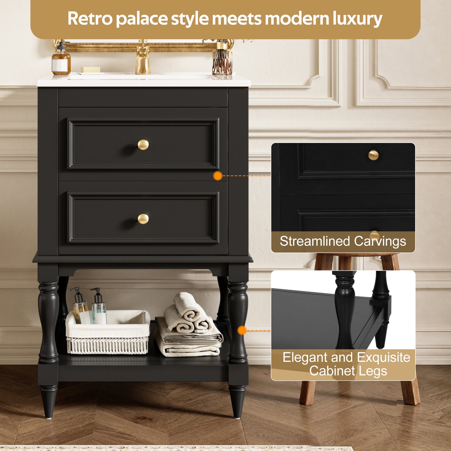 20'' Black Bathroom Vanity with Ceramic Sink & 2 Drawers