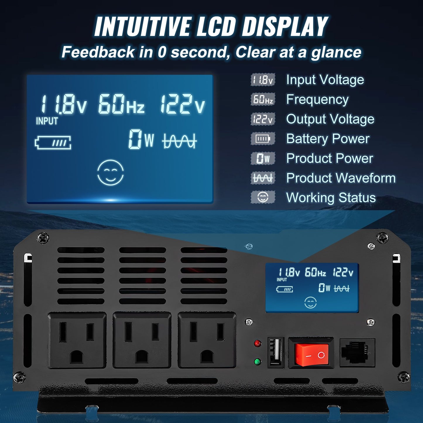 2500W Pure Sine Wave Power Inverter DC 12V to AC 120V with USB LCD Remote