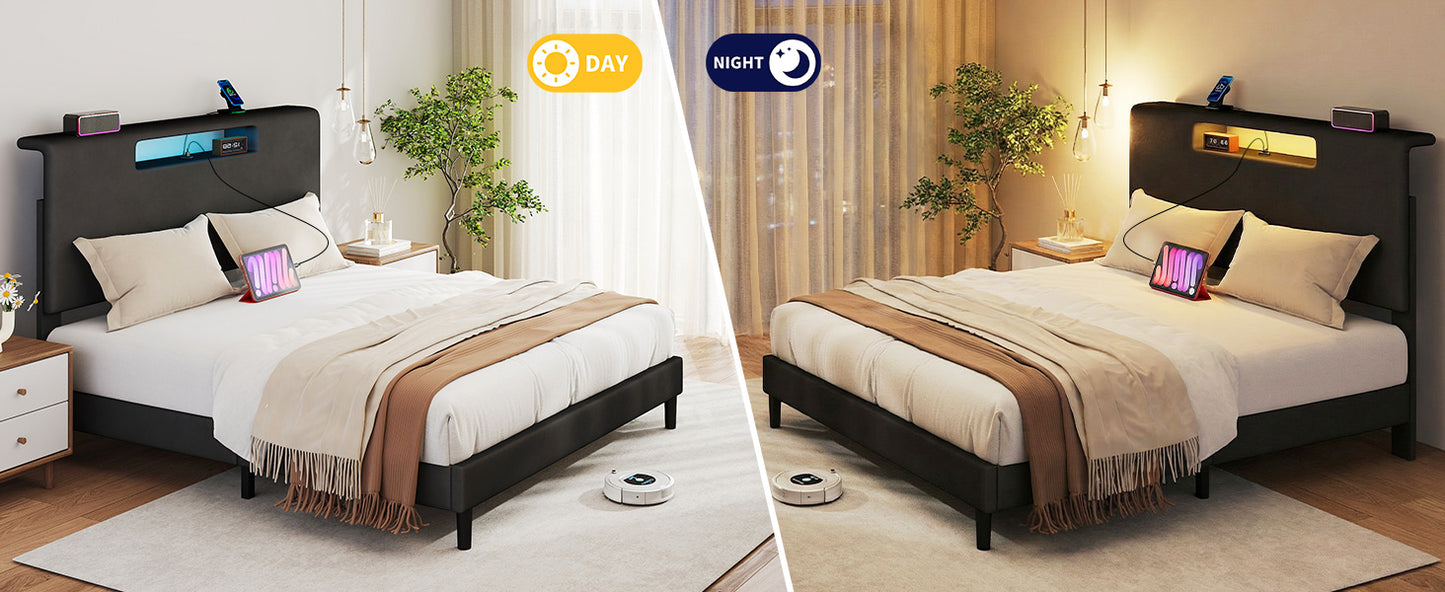 Full Size Upholstered Bed Frame With High Headboard Adjustable LED