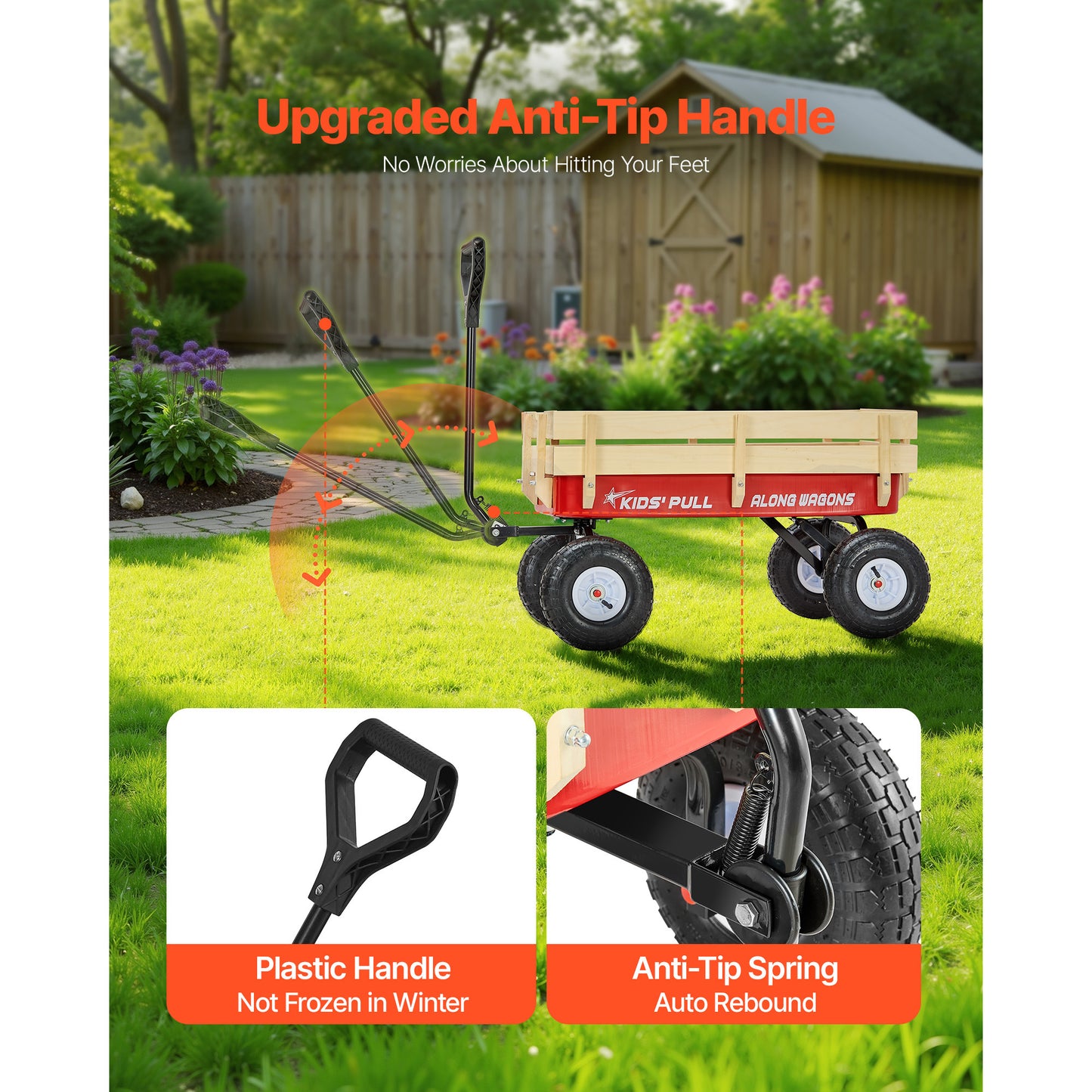 Pull-Along Kid's Wagon 39 Inch All-Terrain Toddler Cart with Wooden Panels & Handle, Supports Up to 330 Lbs, Great for Garden & Beach Fun - Red