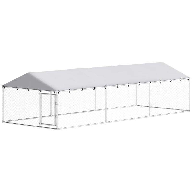 Large Outdoor Dog Kennel with Waterproof Roof, Galvanized Steel Frame, Silver