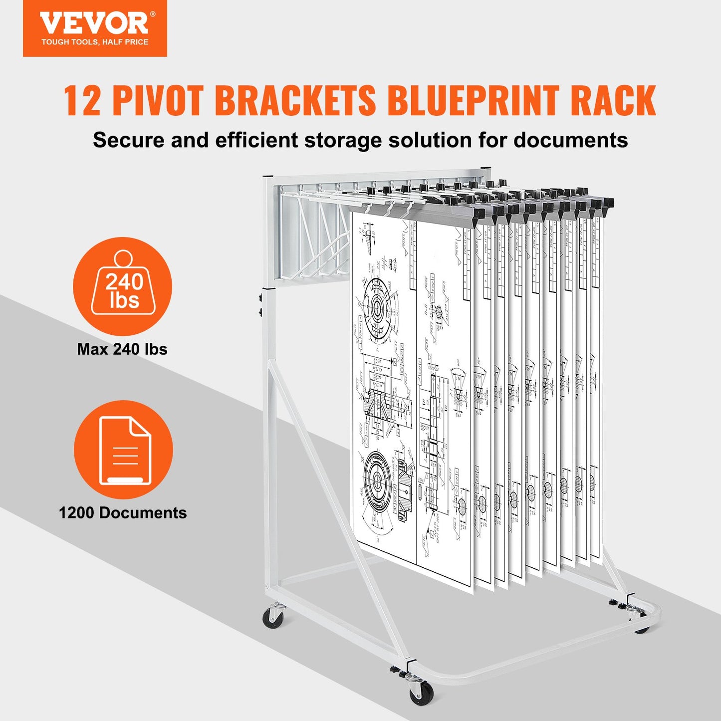 Mobile Blueprint Storage Rack with 12 Pivot Brackets - White
