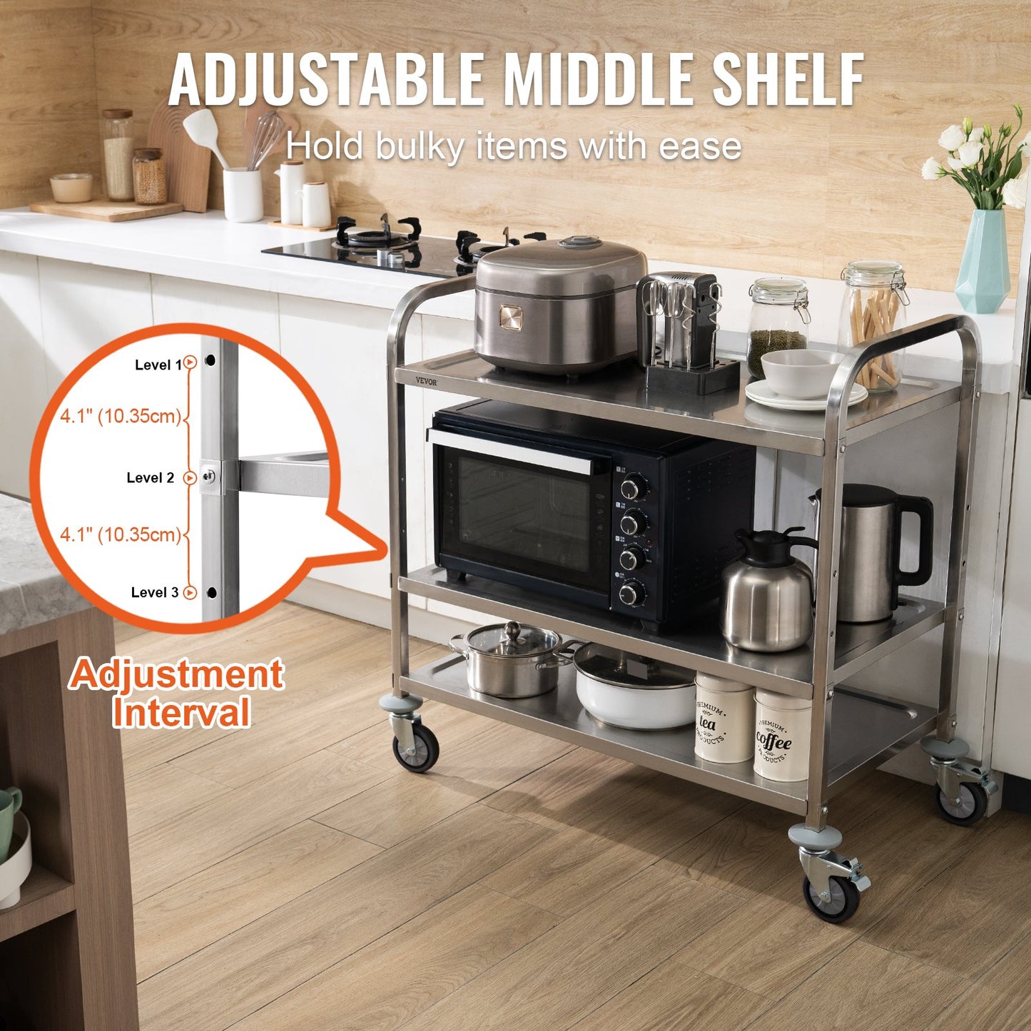 3-Tier Utility Cart with 450 lbs Capacity - Steel Rolling Storage Cart