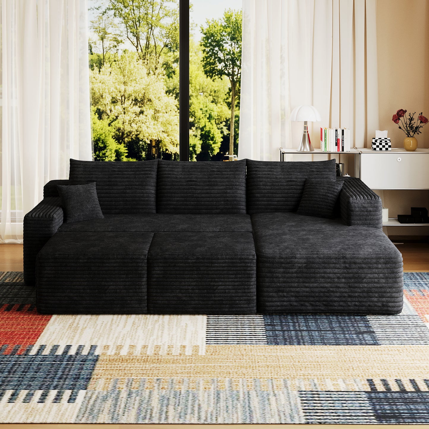 95" Cloud Sectional Sofa with 2 Ottomans - Black Corduroy