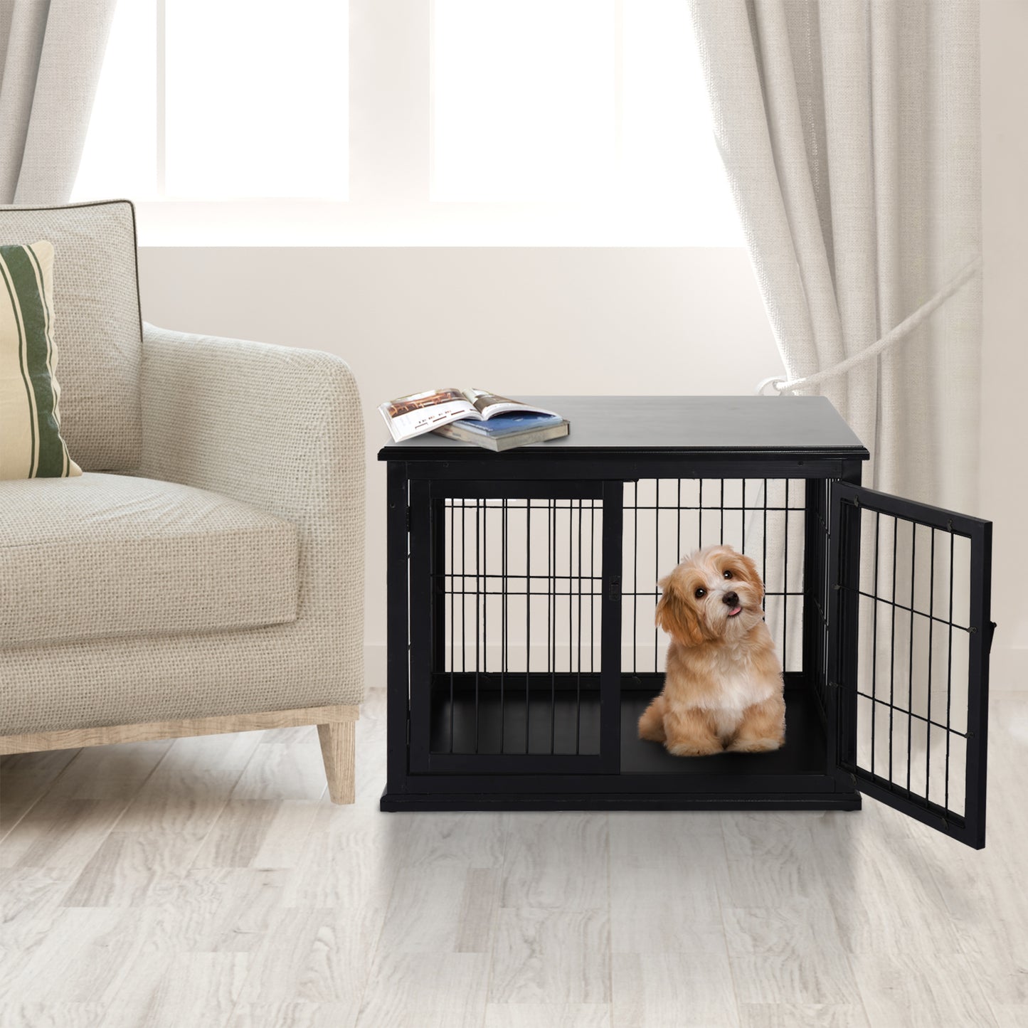 Dog Crate End Table 32 Inch Small Dog Kennel with Lockable Doors - Black