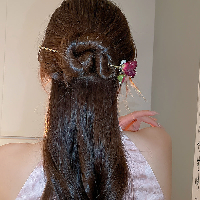 Chinese Style Rose Pearl Hairpin - Golden Red Acrylic Hair Accessory
