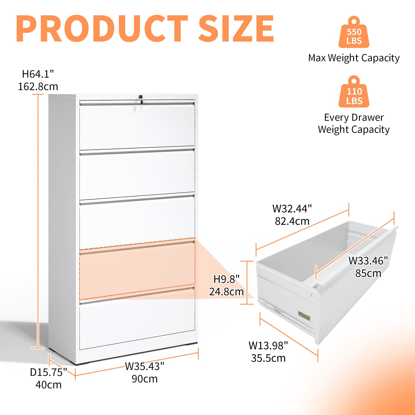 5 Drawer Metal Lateral File Cabinet , White Filing With Lock,