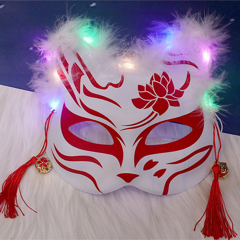 Halloween Party Luminous Feather Fox Mask Two-Faced Cat Face Mask