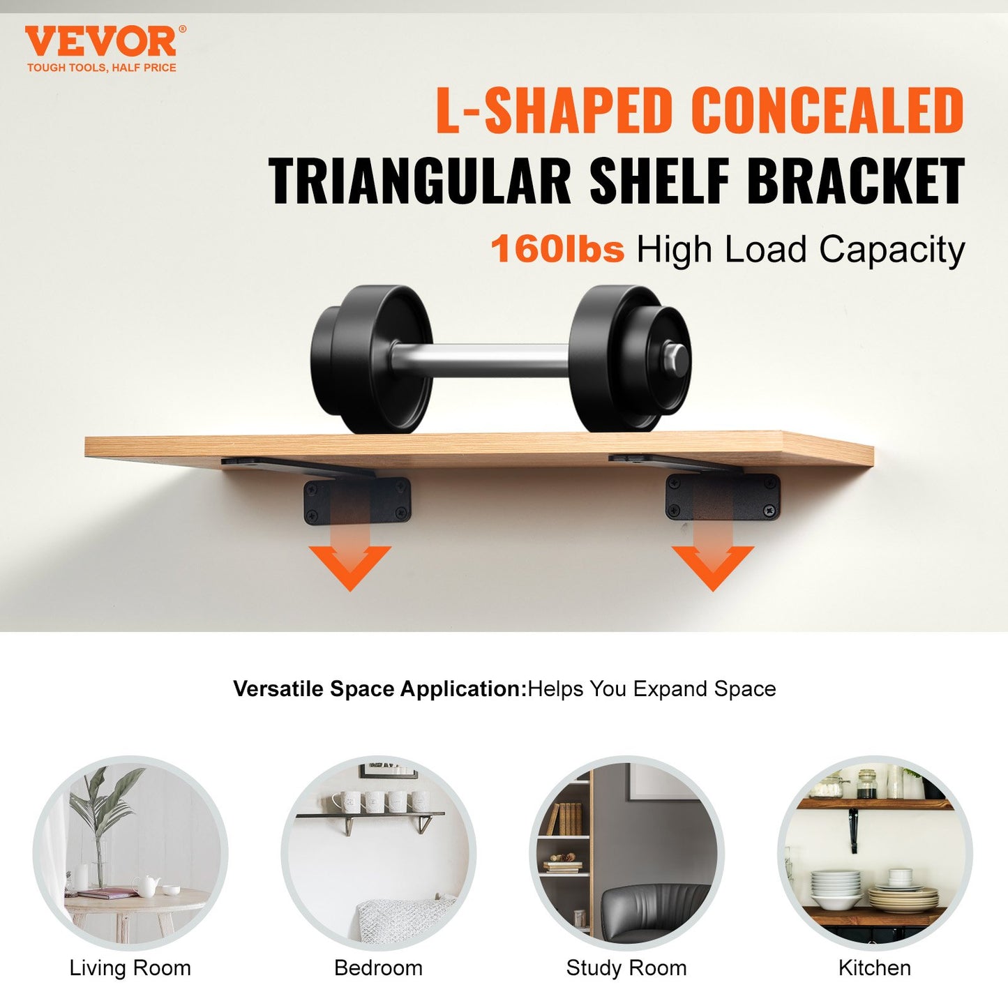 Heavy Duty Floating Shelf Brackets - 12" L x 4" W, 6 Pcs, 160 lbs Capacity, Matte Black
