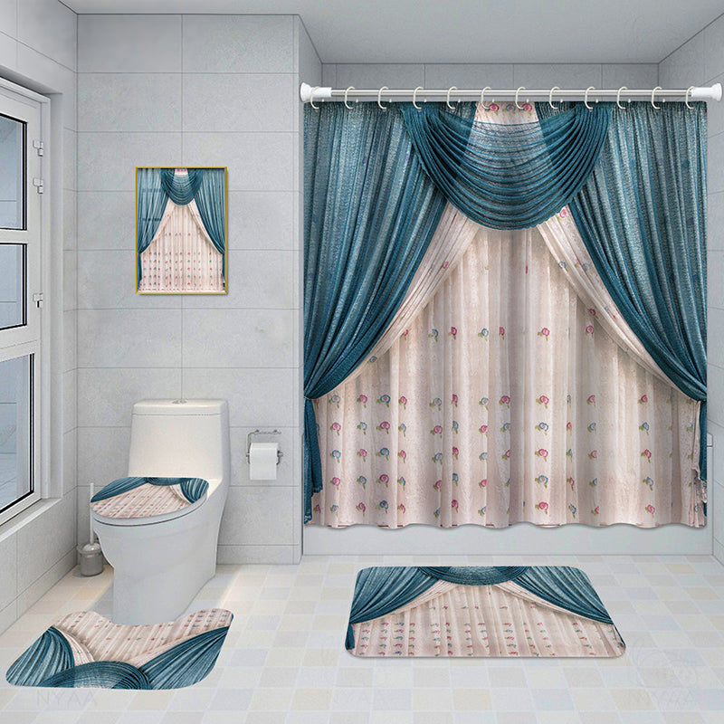 Bathroom 5-Piece Shower Curtain Set with Mat and Decorative Aluminum Frame