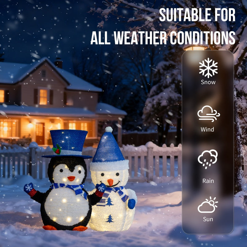 Set of 2 Lighted Plush Penguin and Snowman Christmas Decorations