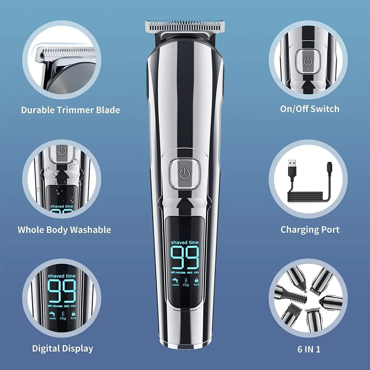 Rechargeable Hair Clipper - 6-in-1 Multifunctional Shaver with USB