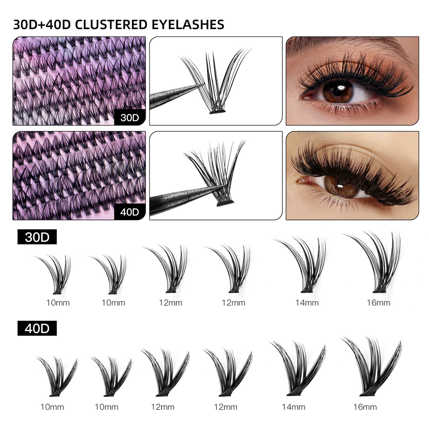 240 Segmented False Eyelash Clusters - 12 Rows of 30D and 40D Mix