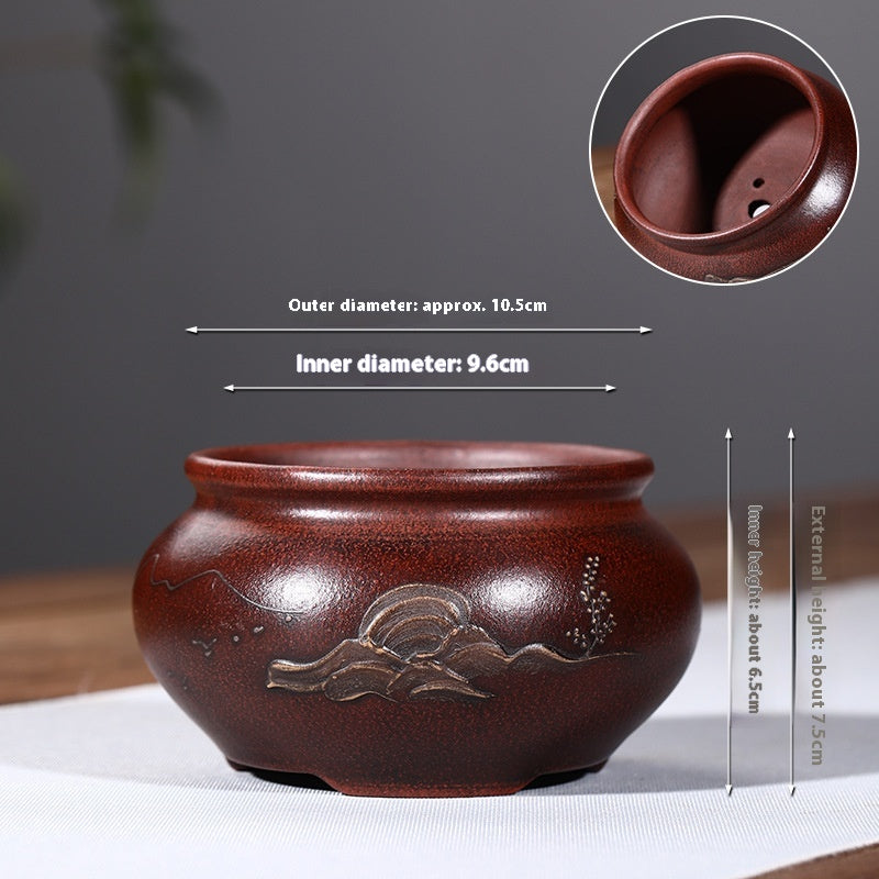 Purple Clay Flowerpot with Chinese Style Design Small Round & Square Options
