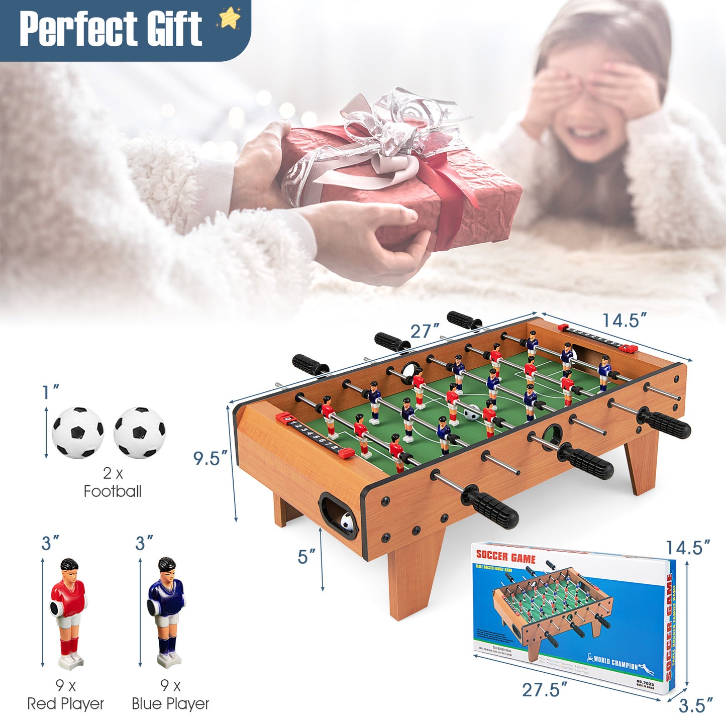 27 Inch Indoor Foosball Table with Legs - Solid Wood Construction