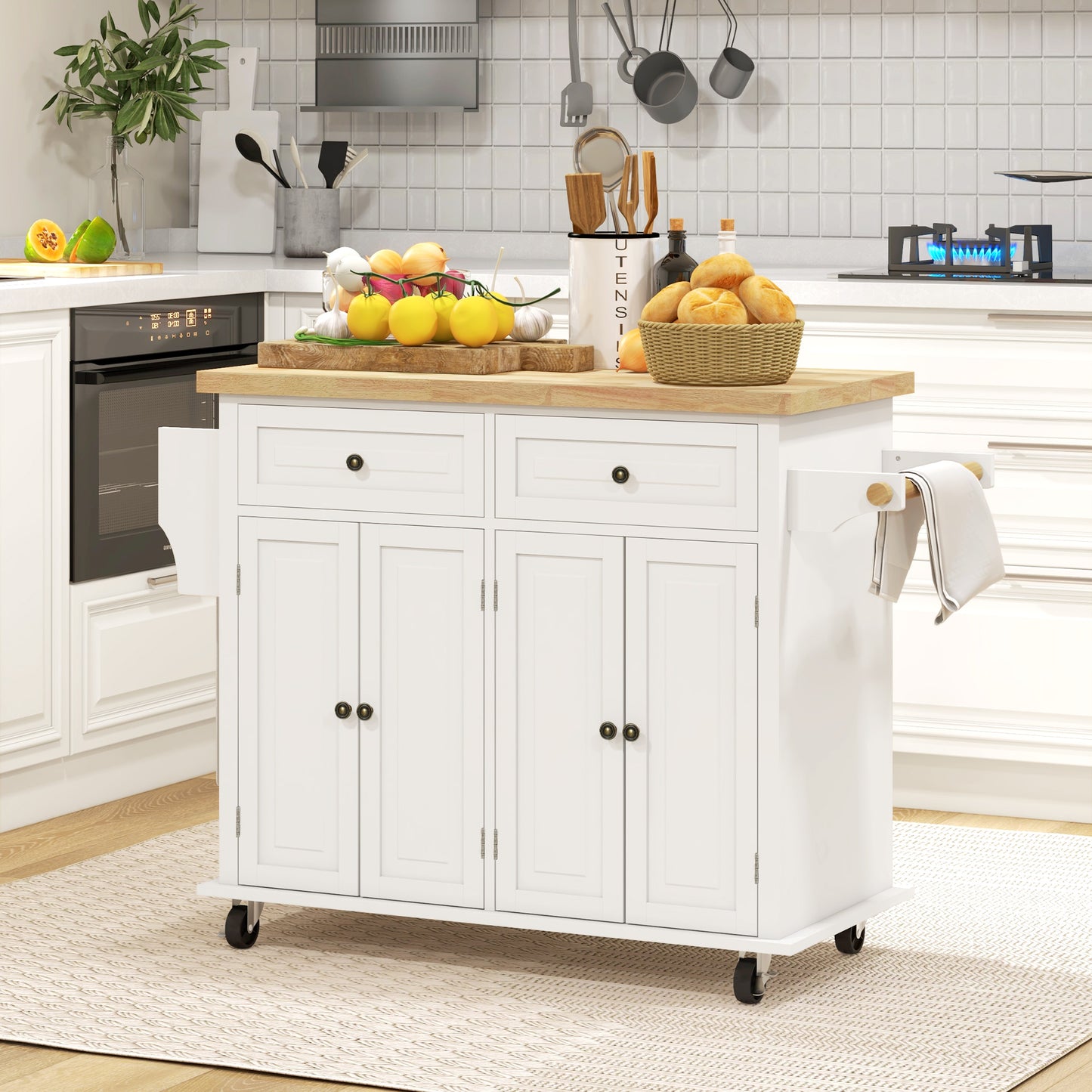 Rolling Kitchen Island Cart with Rubberwood Top & Storage - Cream White