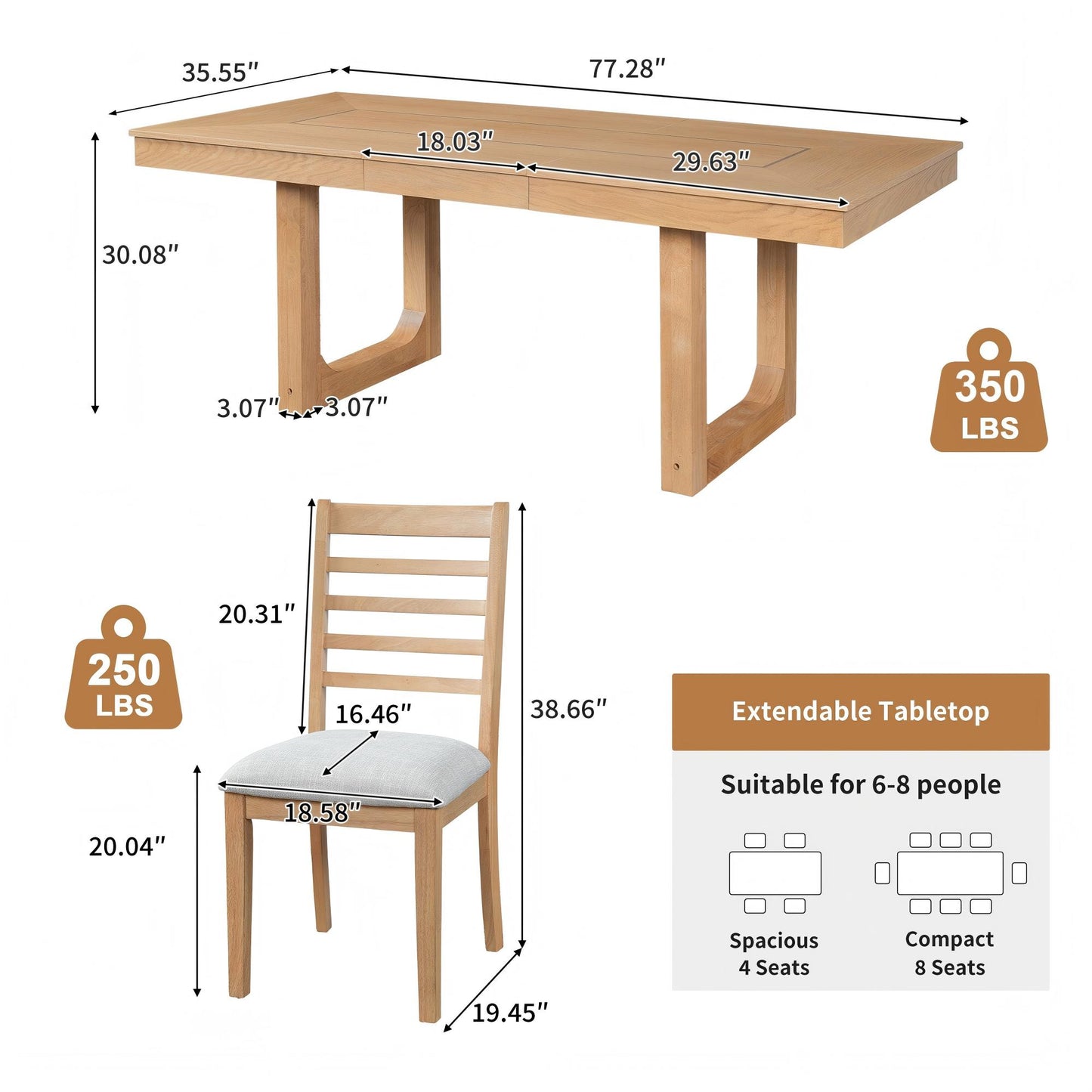 5-Piece Extendable Dining Table Set, Farmhouse With 18 Move Leaf, 78