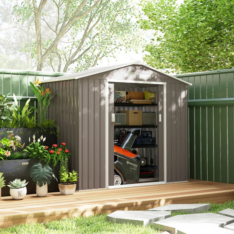 Outdoor Metal Storage Shed 7x4 ft with Foundation Kit, Lockable Doors, Ventilation, Gray