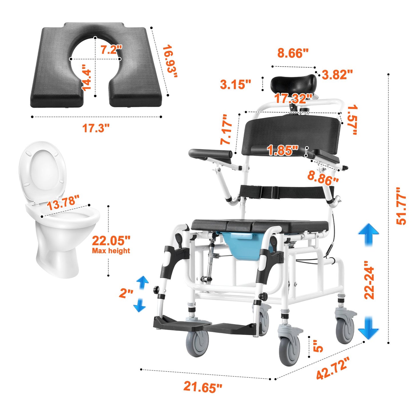 17.5-Inch Aluminum Shower Wheelchair for Disabled Adults with Adjustable Seat