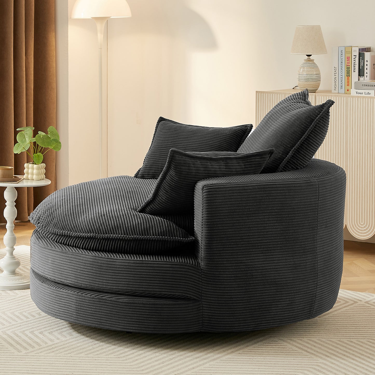 Oversized 360° Swivel Chair with Dual-Layer Cushions - Black