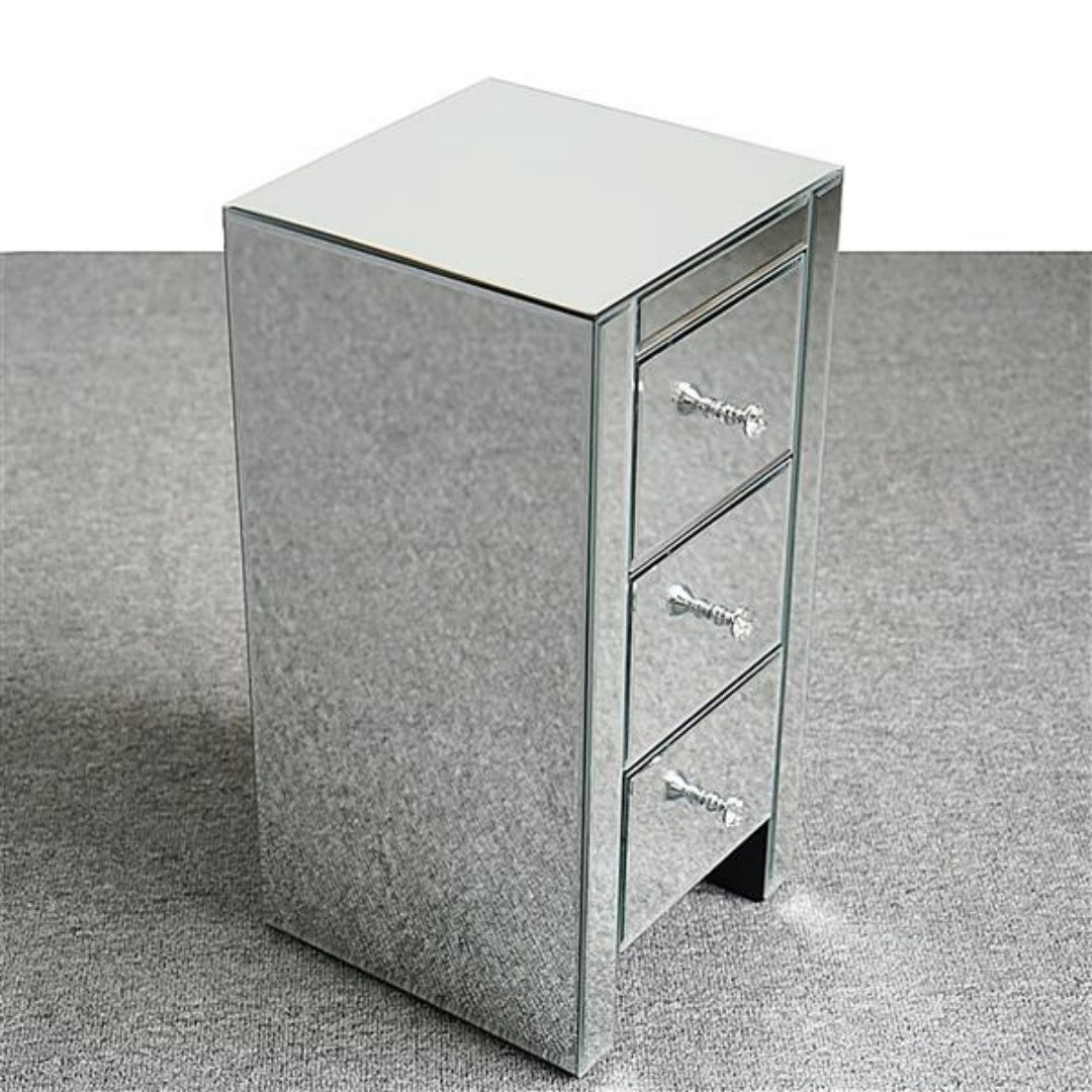 Mirrored Glass Bedside Table with 3 Drawers - Silver
