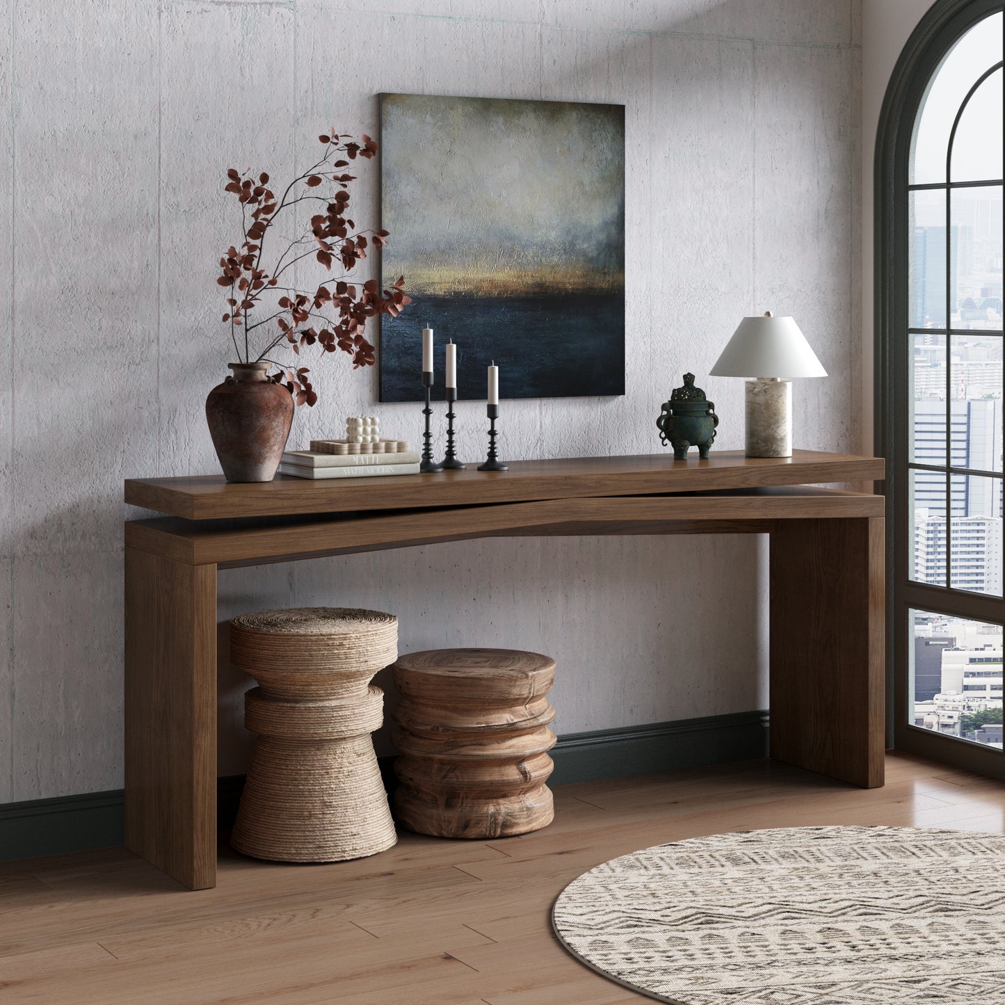 65-Inch Solid Wood Veneer Console Table - Rustic Farmhouse Design