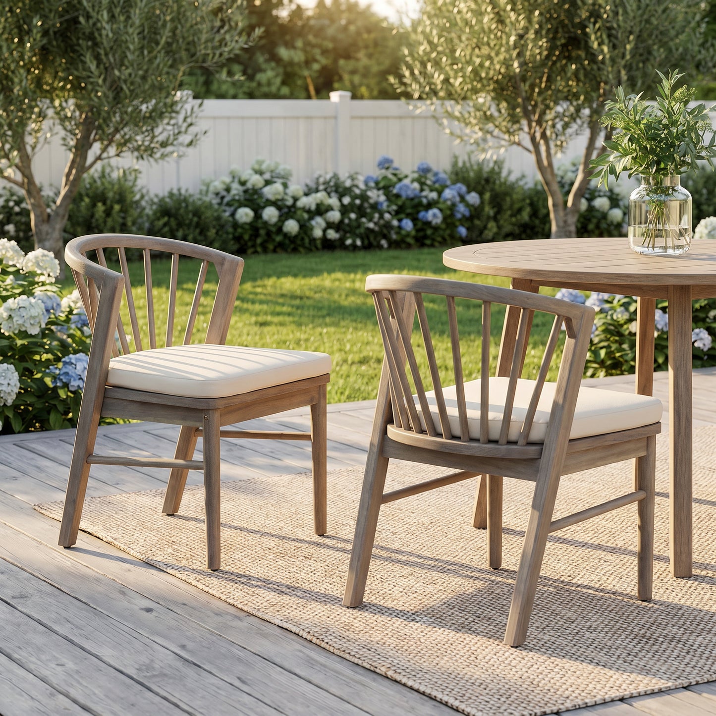 Acacia Wood Outdoor Dining Chairs Set of 2 with Cream Cushions