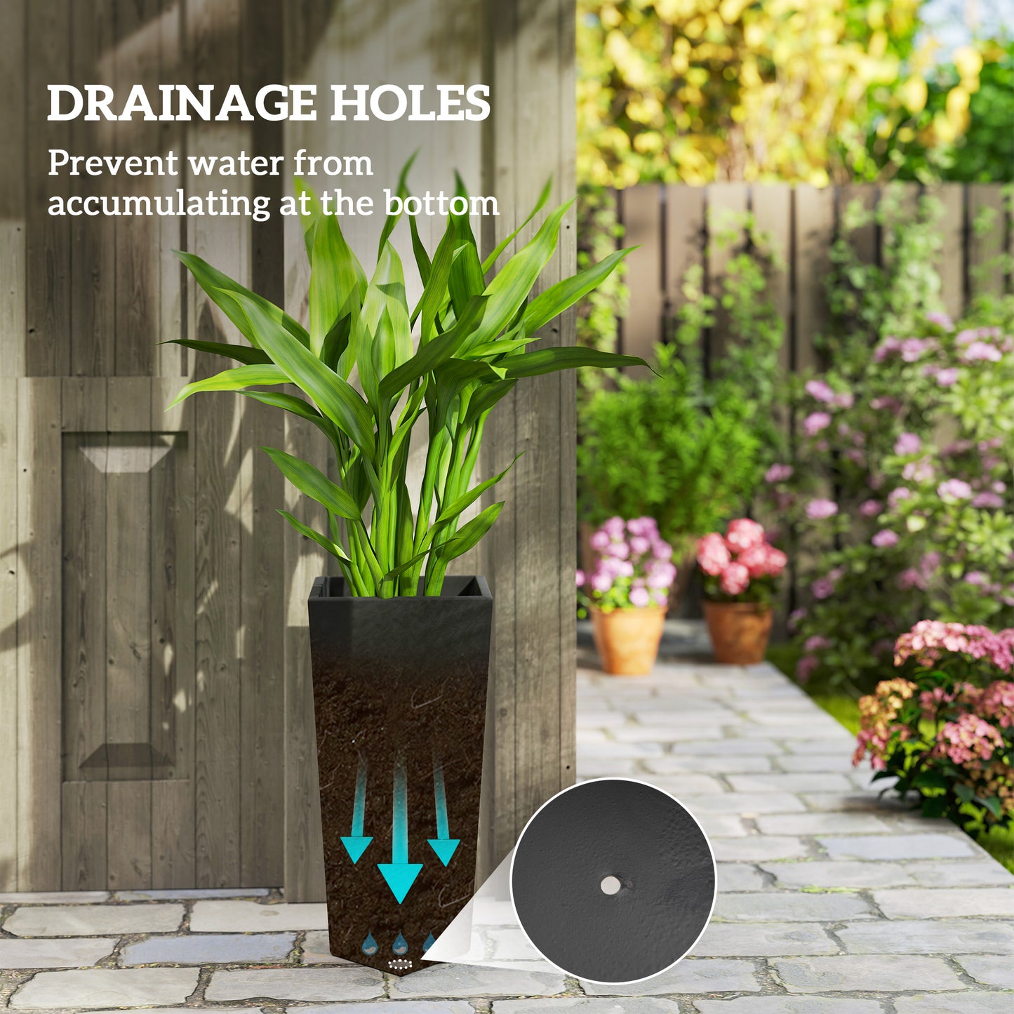 Set of 3 Tall Stackable Outdoor Garden Planters with Drainage Holes - Black