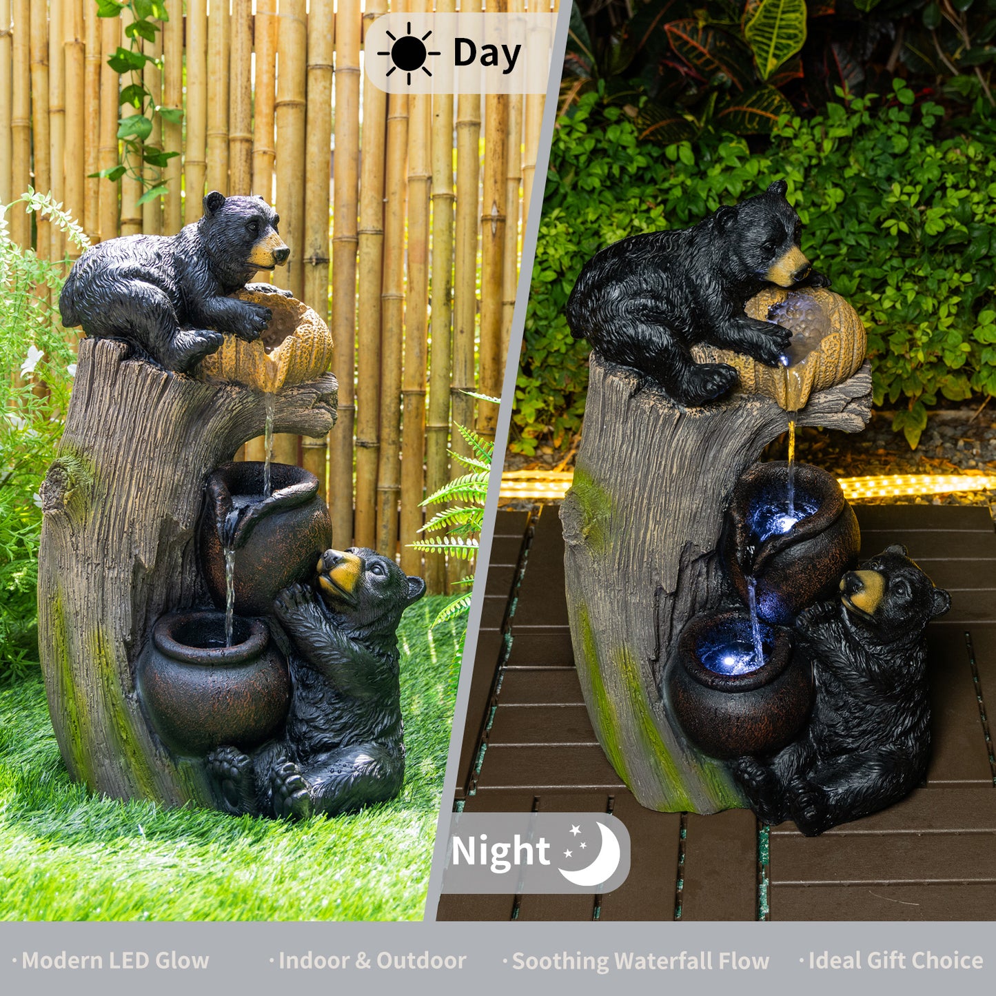 Bear Outdoor Water Fountain with LED Lights, Cascading Garden Decor, 23.6 Inches