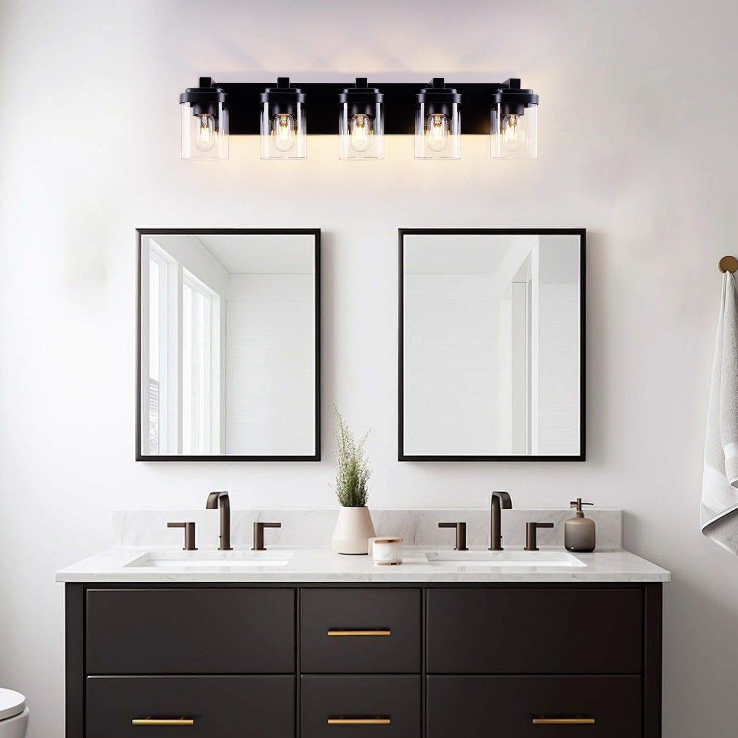 5-Light Matte Black Bathroom Vanity Light Fixture with Clear Glass Shades, Over Mirror Wall Sconce, No Bulbs Included