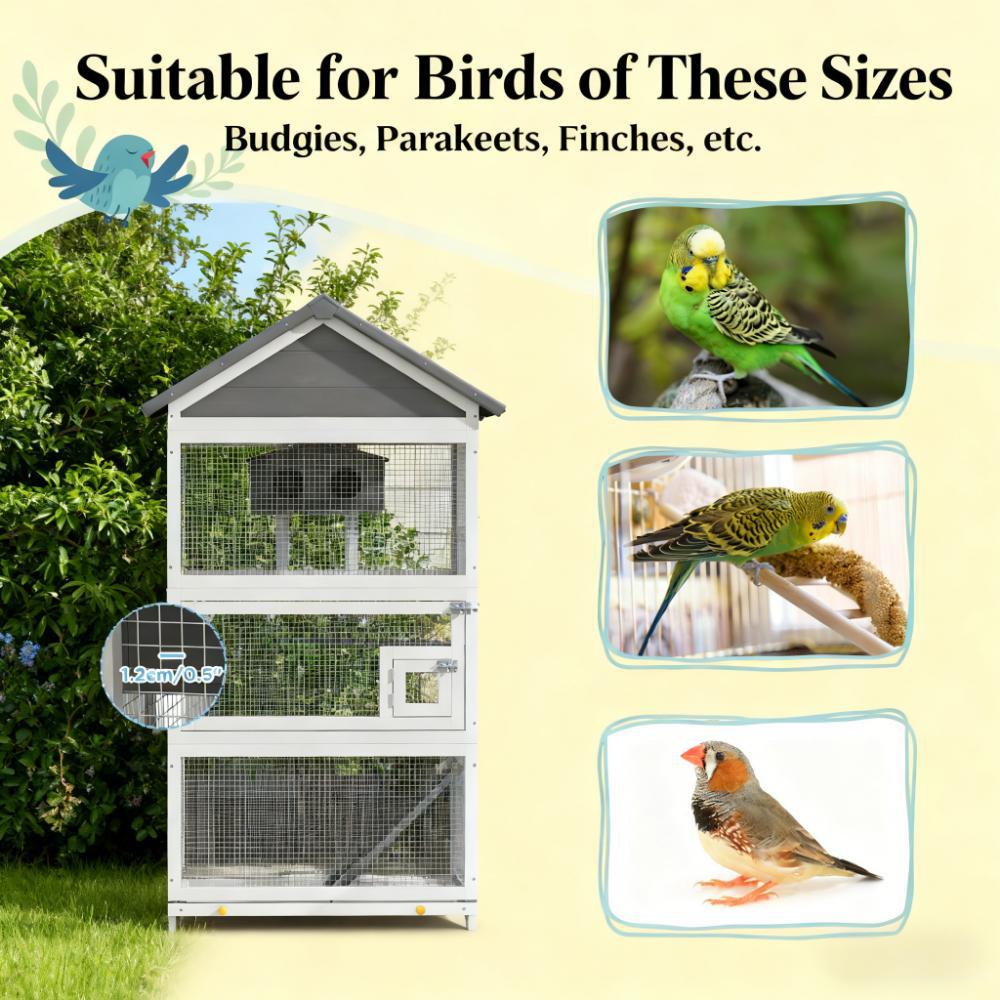 Spacious Wooden Bird Aviary with Slide-Out Tray & Perches - Black+Grey