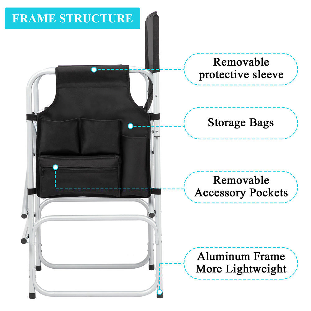 Folding Director's Chair with Footrest and Storage - Black