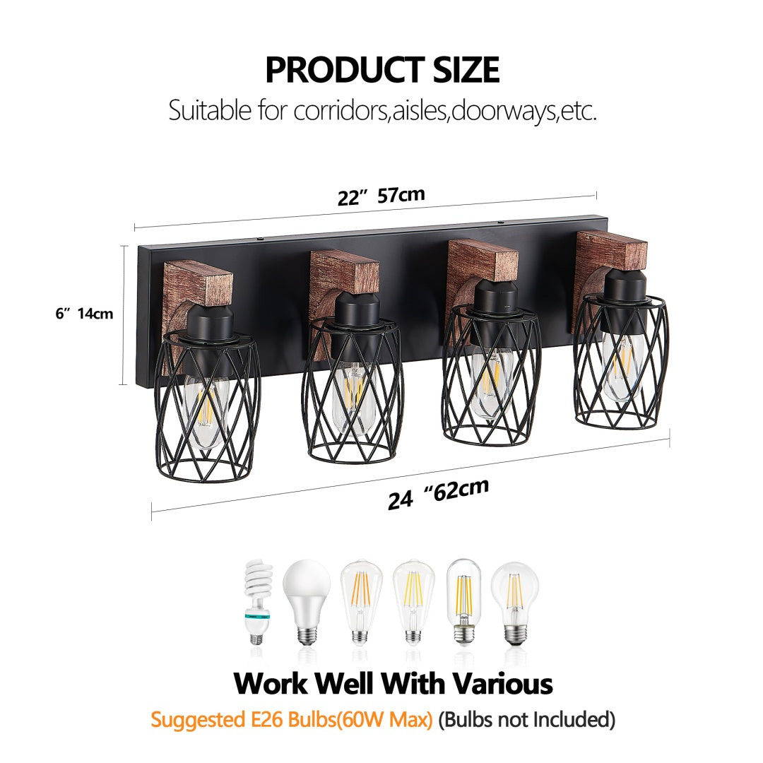 Industrial Vintage 4-Light Wall Sconce - Black Cage & Wood Accents