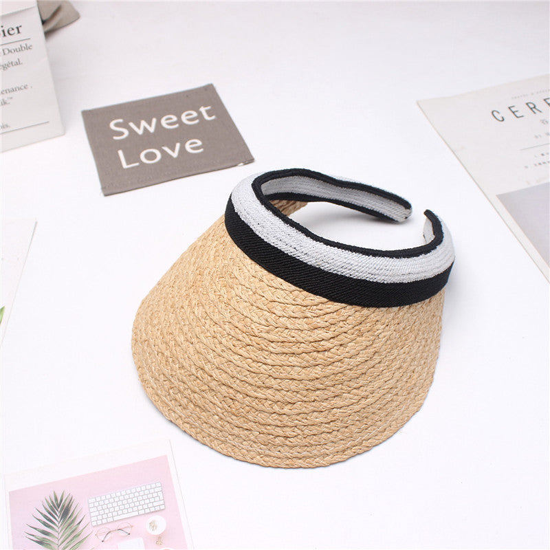 Ladies Summer Woven Raffia Straw Sun Visor Hat - Adjustable Wide Brim