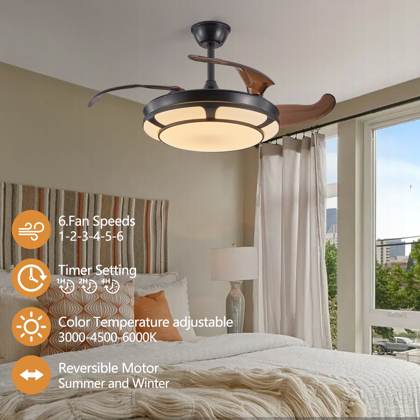 Retractable Ceiling Fan with Light - Modern LED Chandelier Fan