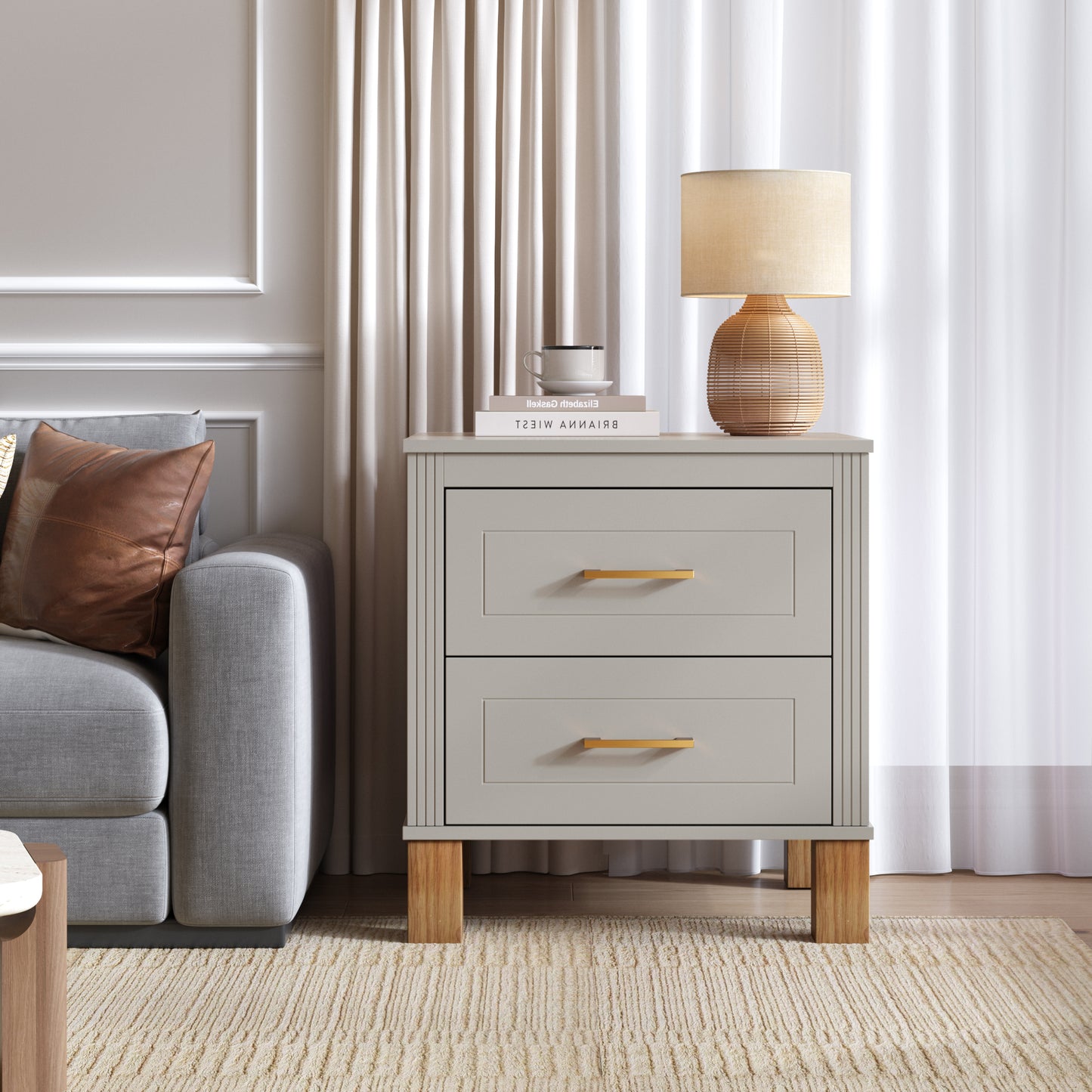 2 Drawer Nightstand with Elegant Fluted Design - Gray