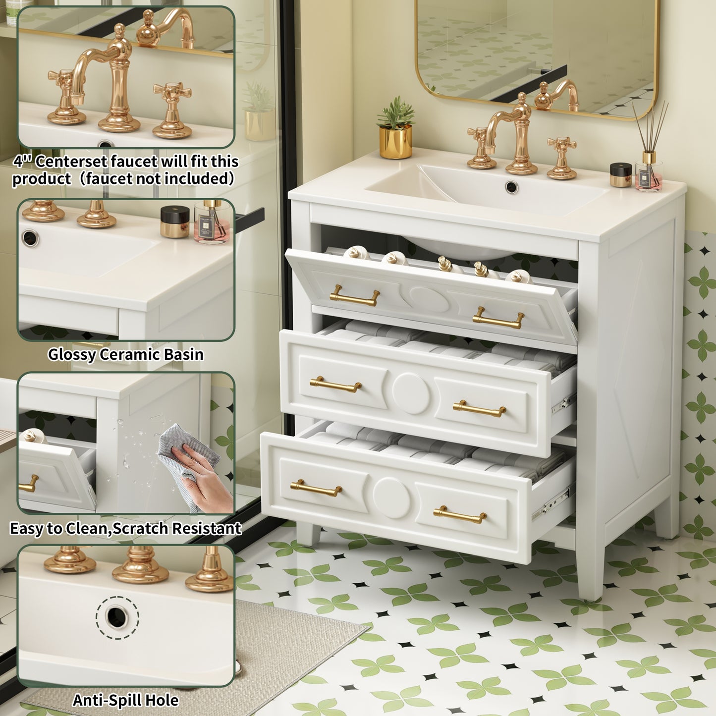 30'' White Bathroom Vanity with Ceramic Sink and 3 Drawers
