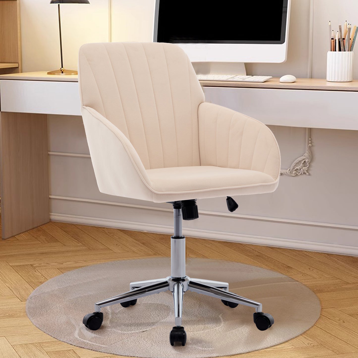 Ergonomic Adjustable Office Chair - Khaki Velvet Swivel Seat