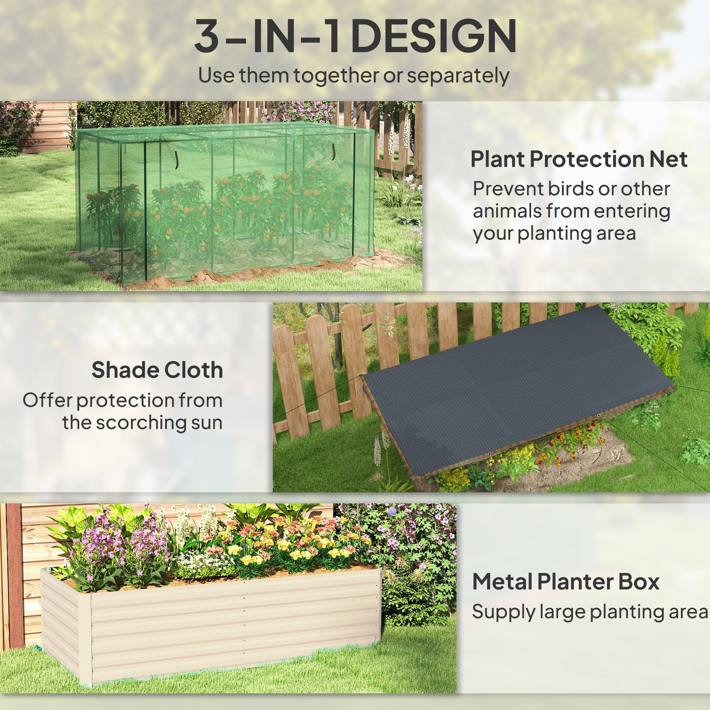 Galvanized Steel Raised Garden Bed with Crop Cage & Shade Cloth - Beige, 1185x340x150 mm