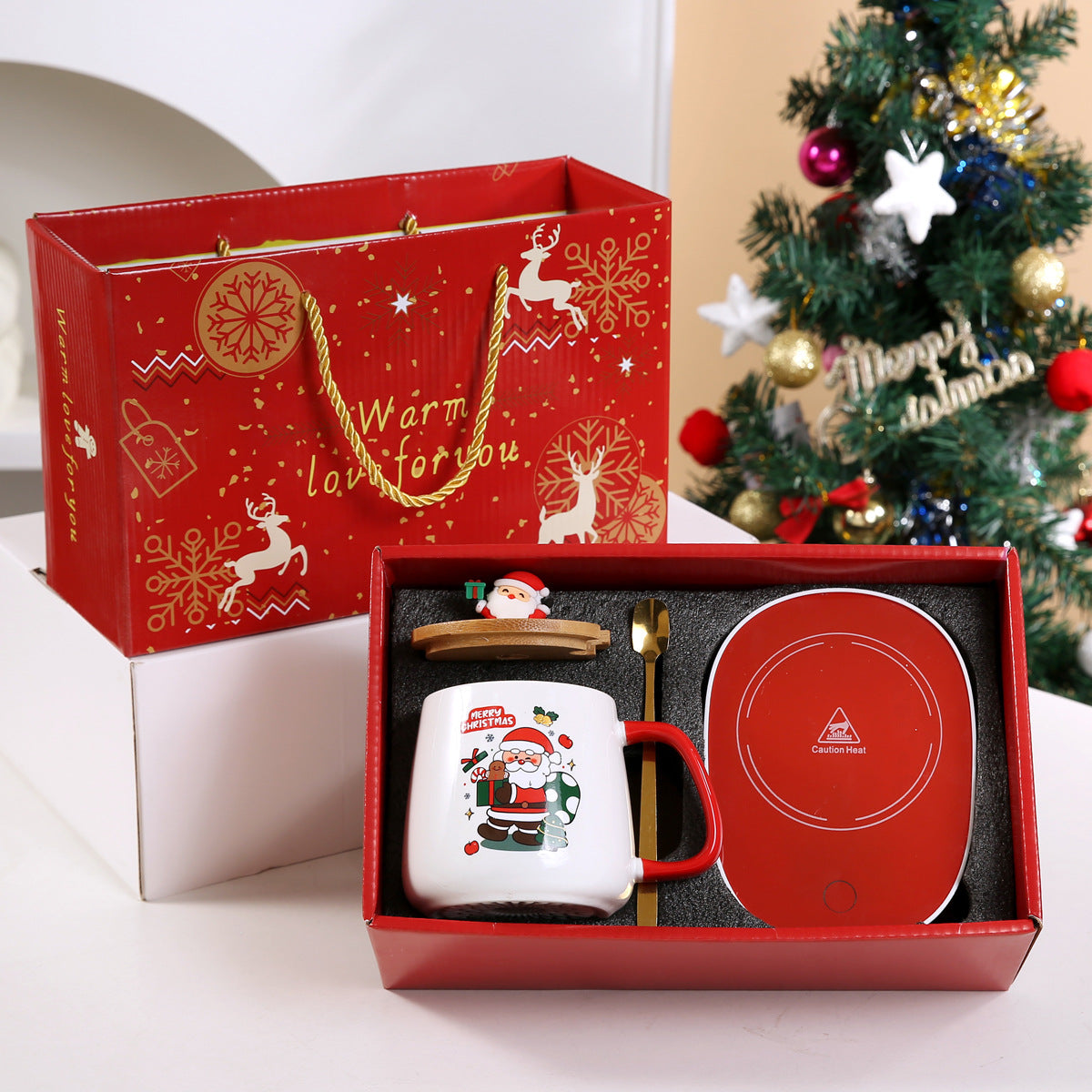 Christmas Gift Mug Set with USB Heating Coaster - Holiday Ceramic Cup