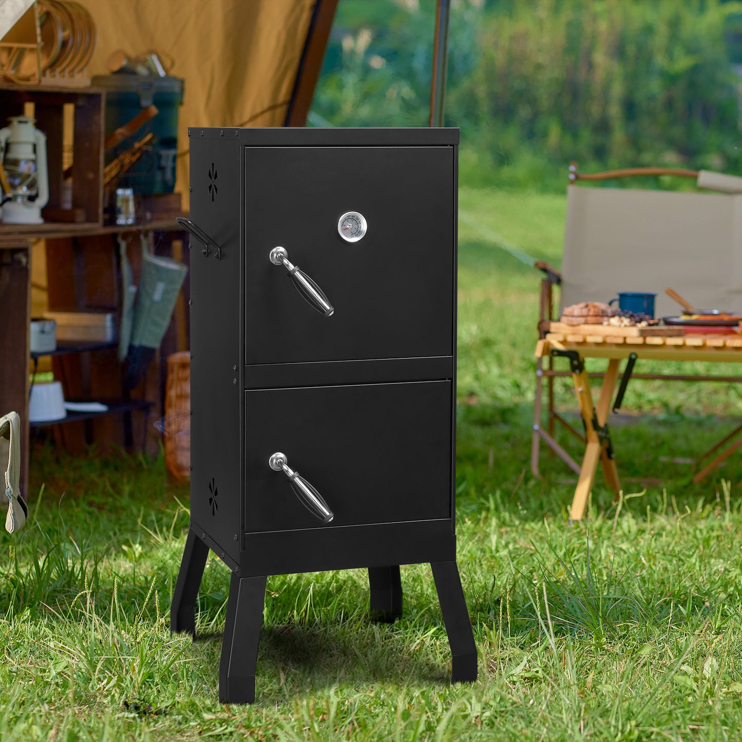 Outdoor Smoker with Double Door Design - Black
