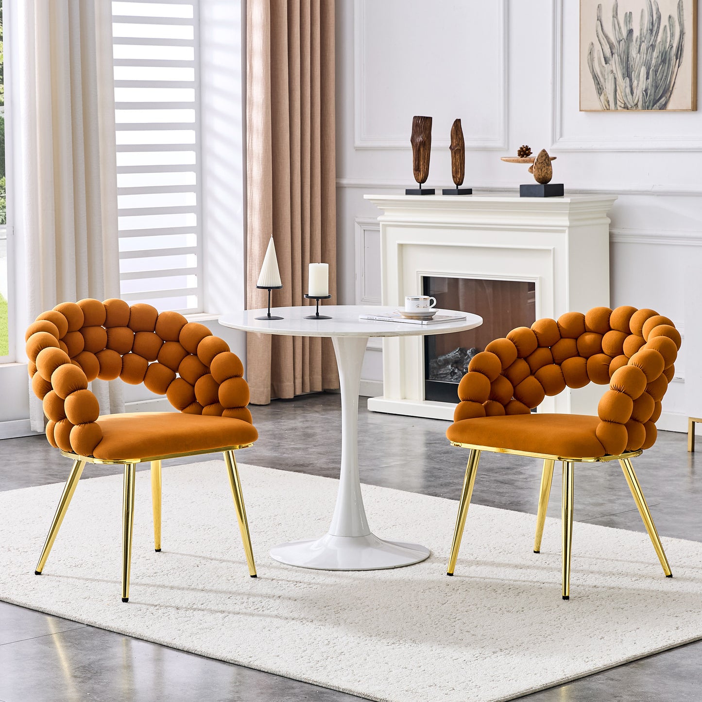 Set of 2 Orange Velvet Bubble Chairs with Gold Legs - Modern Accent