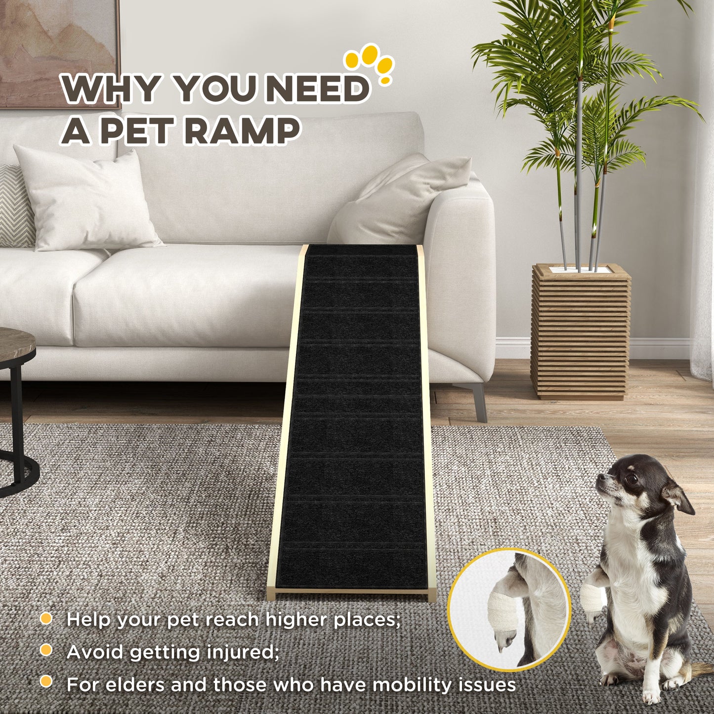 Dog Ramp for Bed, Non-Slip Pet Ramp with Top Platform - Natural Wood, 74 x 16 x 25 inches