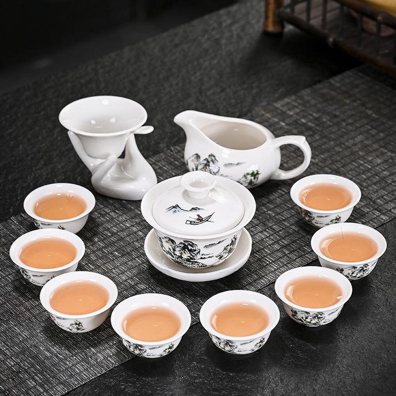 Porcelain Chinese Style Tea Set with Tea Tray - White Ceramic Tableware