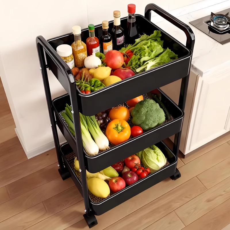 White 3-Tier Movable Kitchen Storage Rack with Hooks - Multi-Layer Steel Cart