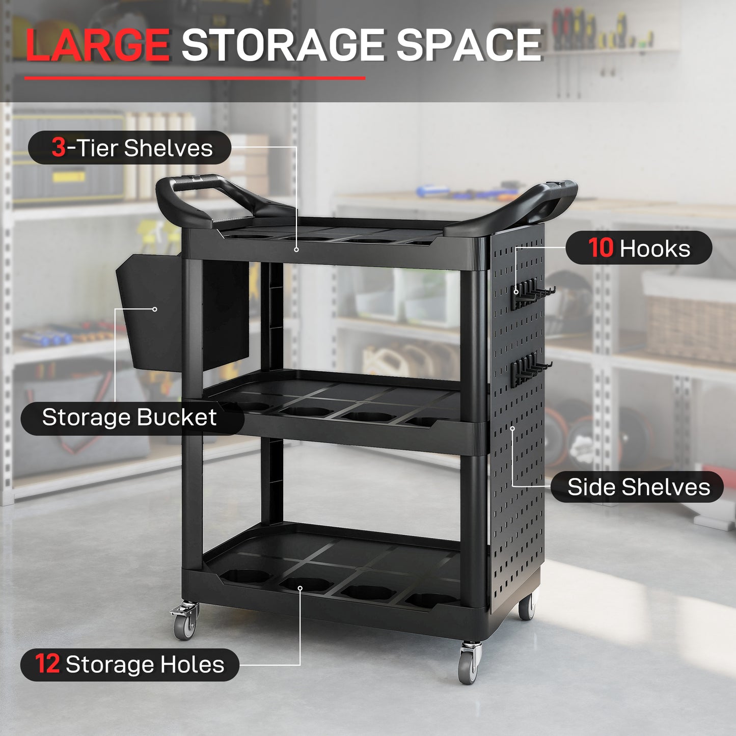 3-Tier Rolling Tool Cart with Side Shelf and Storage Bucket, Black