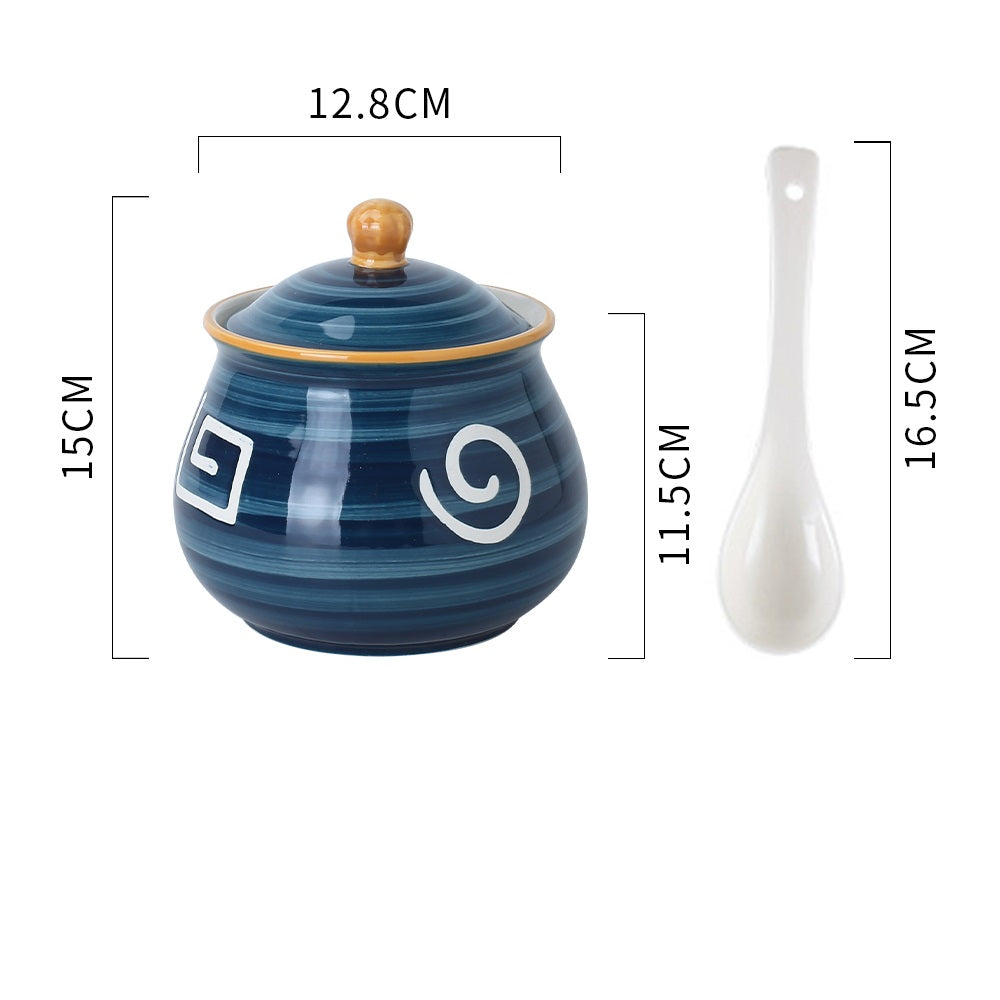 Ceramic Condiment Pot Set with Spoon - Kitchen Tableware, Household
