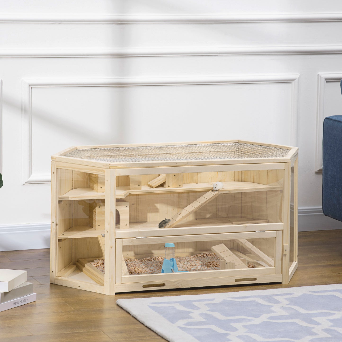 Large Wooden Hamster Cage with 3 Tiers, Seesaws & Water Bottle - Natural